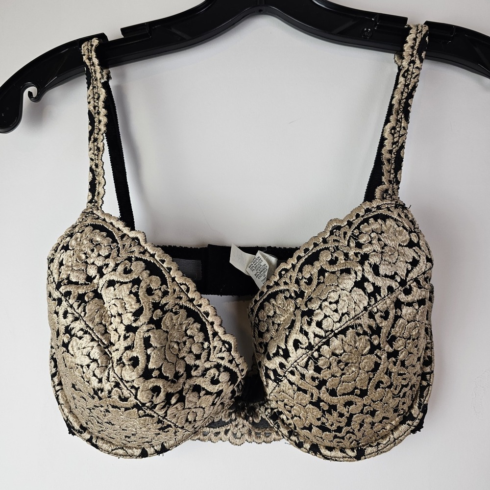 Frederick's of Hollywood 34D Black Gold Push Up Underwire Bra #5200 VTG Lingerie